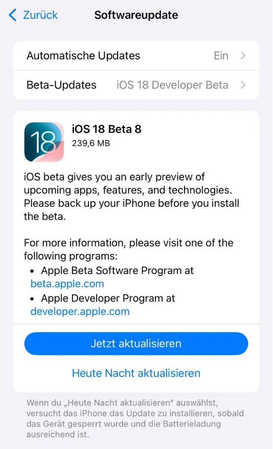 和县苹果手机维修分享苹果 iOS / iPadOS 18 开发者预览版 Beta 8 发布 